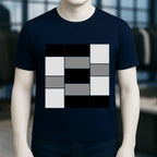 Marine blaues unisex premium t shirt aus bio baumwolle mit geometrischem rastermuster aus schwarzen weißen grauen quadraten