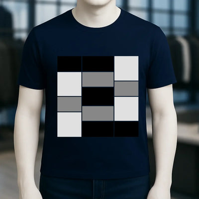 Marine blaues unisex premium t shirt aus bio baumwolle mit geometrischem rastermuster aus schwarzen weißen grauen quadraten