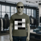 Olivegrünes unisex premium t-shirt aus bio baumwolle mit kurzem ärmel und schwarz weiß grauem schachbrettmuster auf der brust