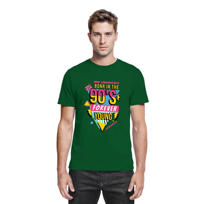 Dunkelgrünes baumwoll-t-shirt mit auffälligem 90er-jahre grafikdesign in gelb, pink und Petrolfarben aus der statement-collection