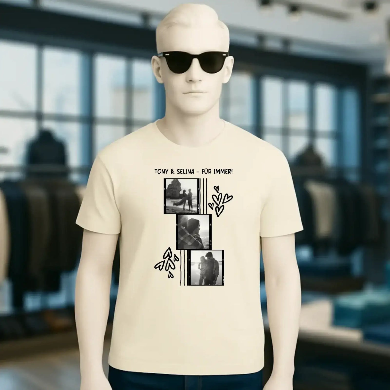 Creamfarbenes unisex bio t shirt mit schwarzem vintage foto print und herzmotiven aus allerlei kollektion