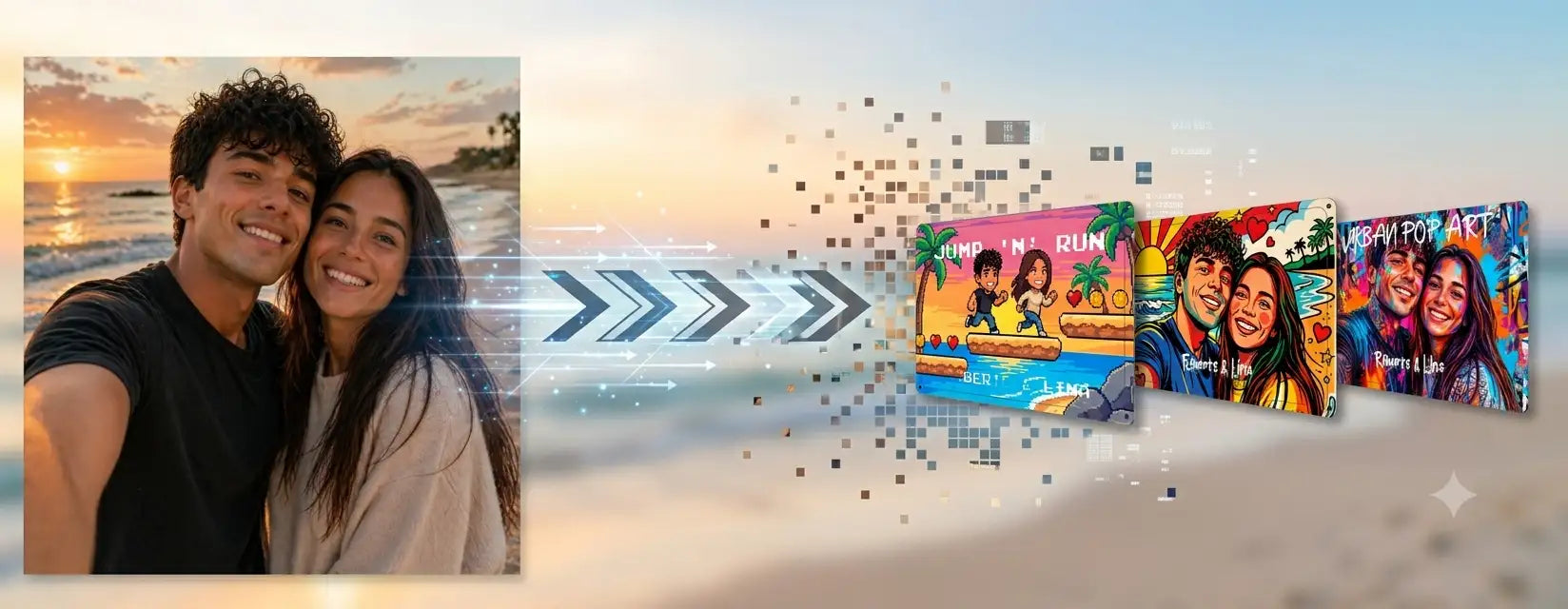 Lebendige Pop-Art-Canvasdrucke mit lächelnden Paaren vor tropischen Strandkulissen