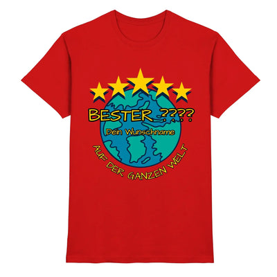 Rotes baumwoll t shirt mit leuchtendem blauen globus und fünf gelben sternen unter dem text bester für persönliche motive