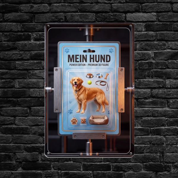 Meine Hund Power Edition Premium 3D-Figur mit einem Golden Retriever in leuchtendem goldenem Fell, mit detaillierten Gesichtszügen und Accessoires wie Futternäpfen, Leine und Bett, die rund um ihn abgebildet sind.
