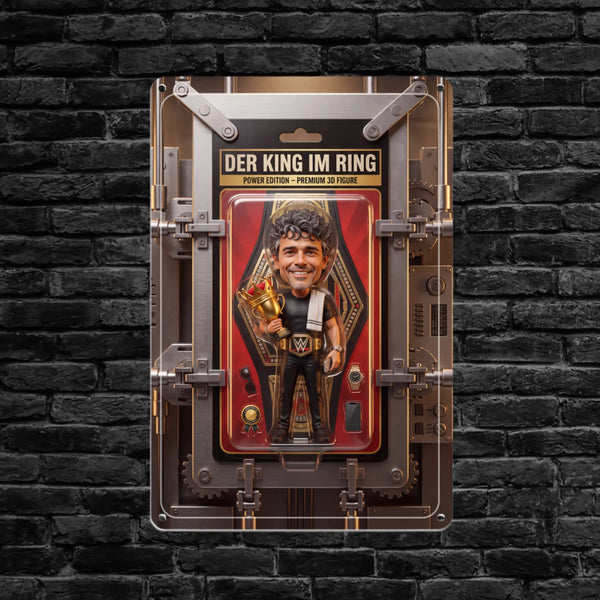 Eine metallische, tresorartige Vitrine mit einer Premium-3D-Figur eines Wrestlers in schwarzer Kleidung, die die „Unter König im Ring“-Power-Edition hält, sowie einem goldenen Pokal.