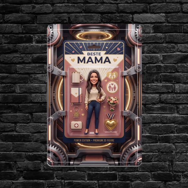 Eine pinke und goldene „beste Mama“-Power-Edition-Premium-3D-Figur in einer futuristischen, metallischen Verpackung.