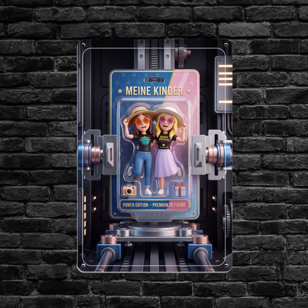 „meine kinder“ Power Edition Premium 3D-Figuren-Set in einer transparenten Kunststoffverpackung mit metallischen blauen und pinken Akzenten, mit zwei Cartoon-Figuren mit Hüten und Sonnenbrillen.