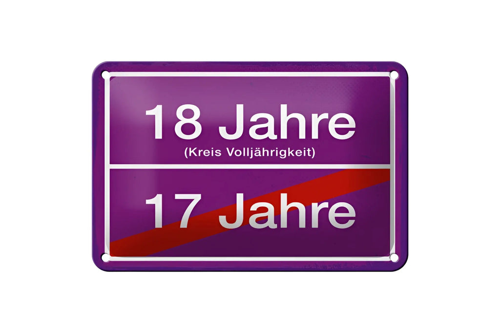 18 ortsschild kreis volljährigkeit lila blechschild 20x30cm mit weißem text und rotem diagonaldurchzug