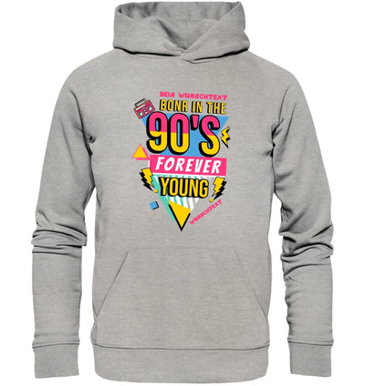 Grauer hoodie mit knallig pinken gelben und türkisfarbenen 90er jahre grafik aus der boombox statement collection