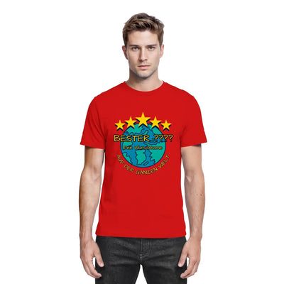 Rotes baumwollt-shirt mit globo grafik und fünf gelben sternen bester chef motiv personalisiert aus statement collection
