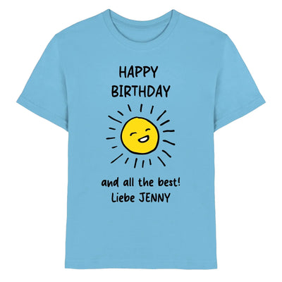Hellblaues geburtstag cotton t-shirt mit fröhlicher gelber sonne und persönlichem wunschtext liebe jenny