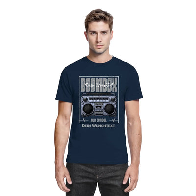 Marine blaue baumwoll tshirt mit vintage boombox grafik und text dein wunschtext aus der statement collection retro