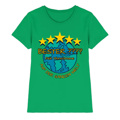 Grünes damen t-shirt mit blauem globus und fünf gelben sternen plus deutscher text aus der statement-collection