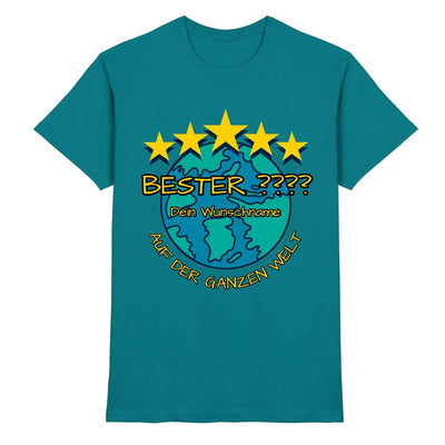 Petrolfarben baumwoll t shirt mit globe design und fünf gelben sternen über beste bester wunschname in verspielter schrift