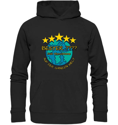 Schwarzer kapuzenpullover mit buntem globus und fünf gelben sternen plus deutschem text aus der 5 sterne statement-collection