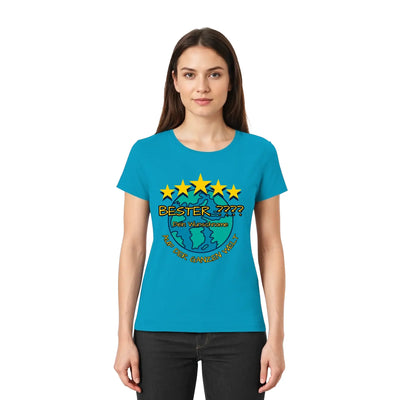 Ein tealfarbenes damen t shirt mit fünf gelben sternen bester text in schwarz gold und globe grafik darunter