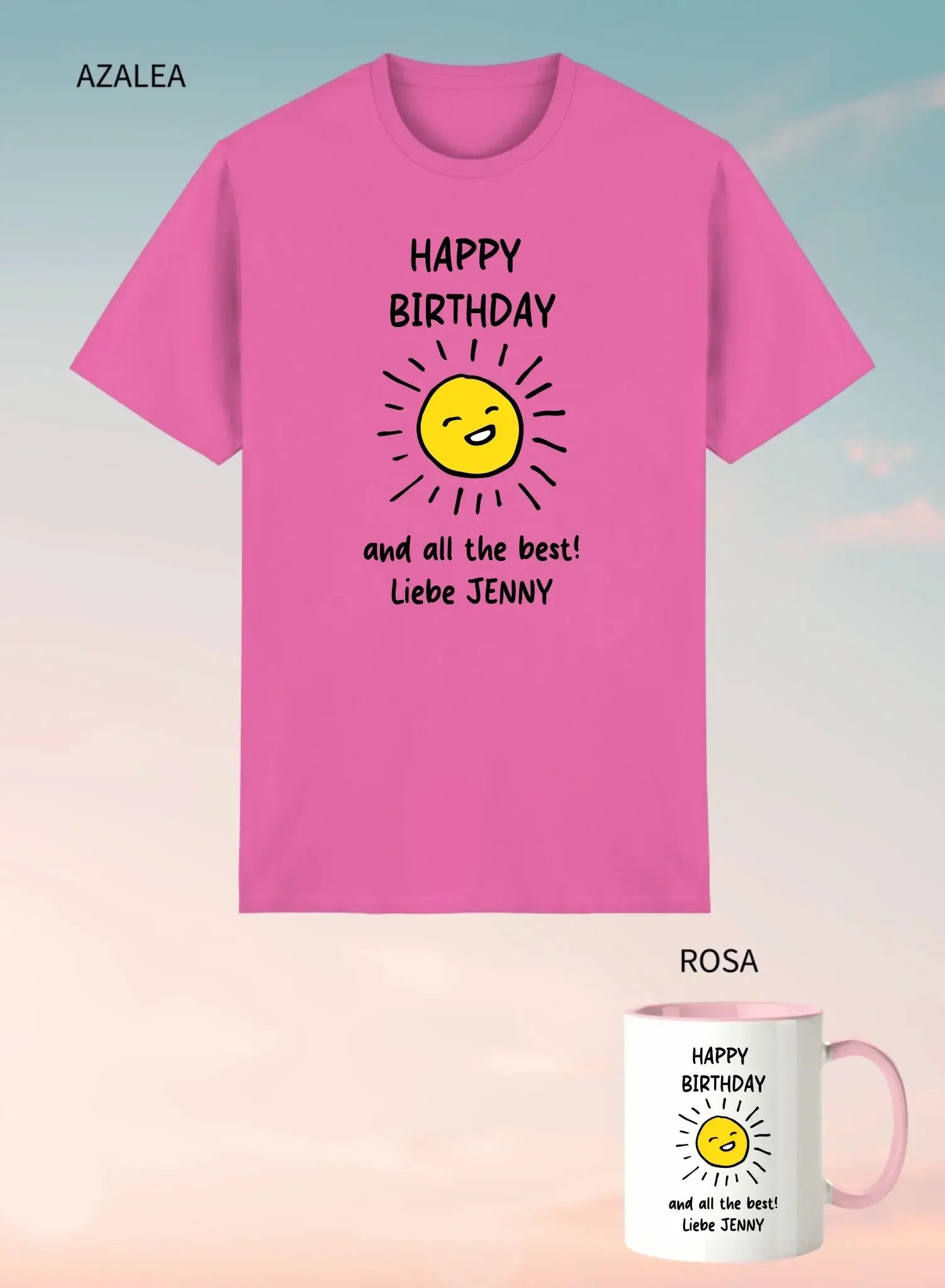 Pink unisex t-shirt mit fröhlicher gelber sonnengrafik und schwarzem happy birthday text personalisierbar