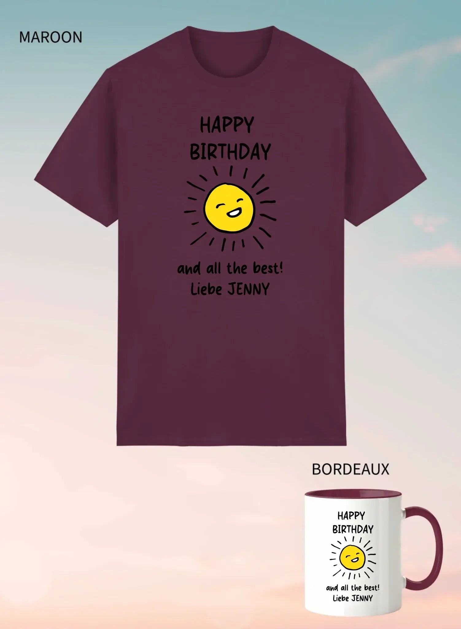 Maroon unisex kurzarmshirt mit fröhlicher gelber sonne und schwarzem text happy birthday liebe jenny im 2er geschenkset