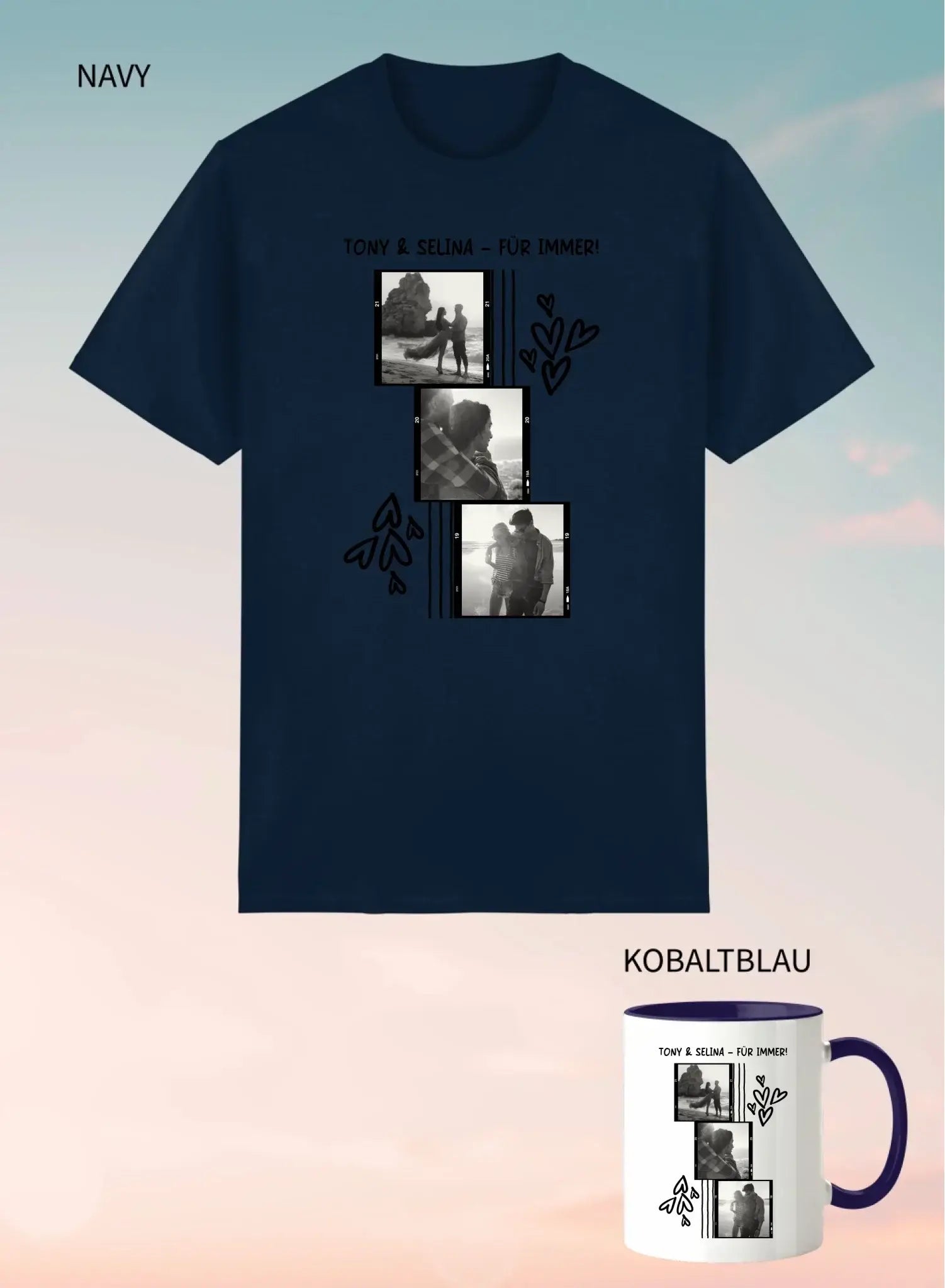 Navyblaues unisex kurzarmshirt mit schwarz weißer fotocollage und herz und blumenmotiven im 2er geschenkset