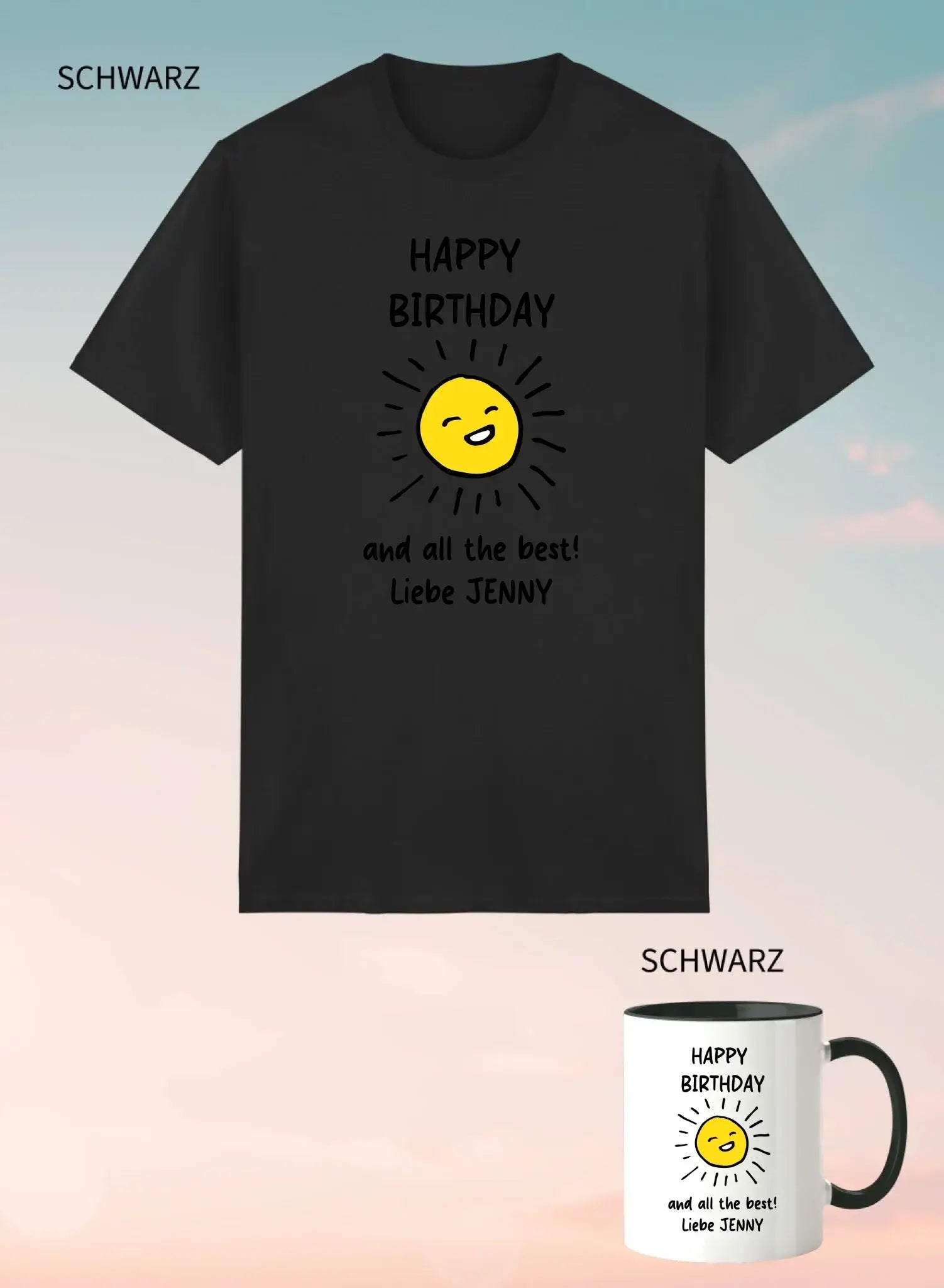 Black unisex kurzarmshirt mit fröhlicher gelber sonnengrafik und happy birthday text personalisierbar