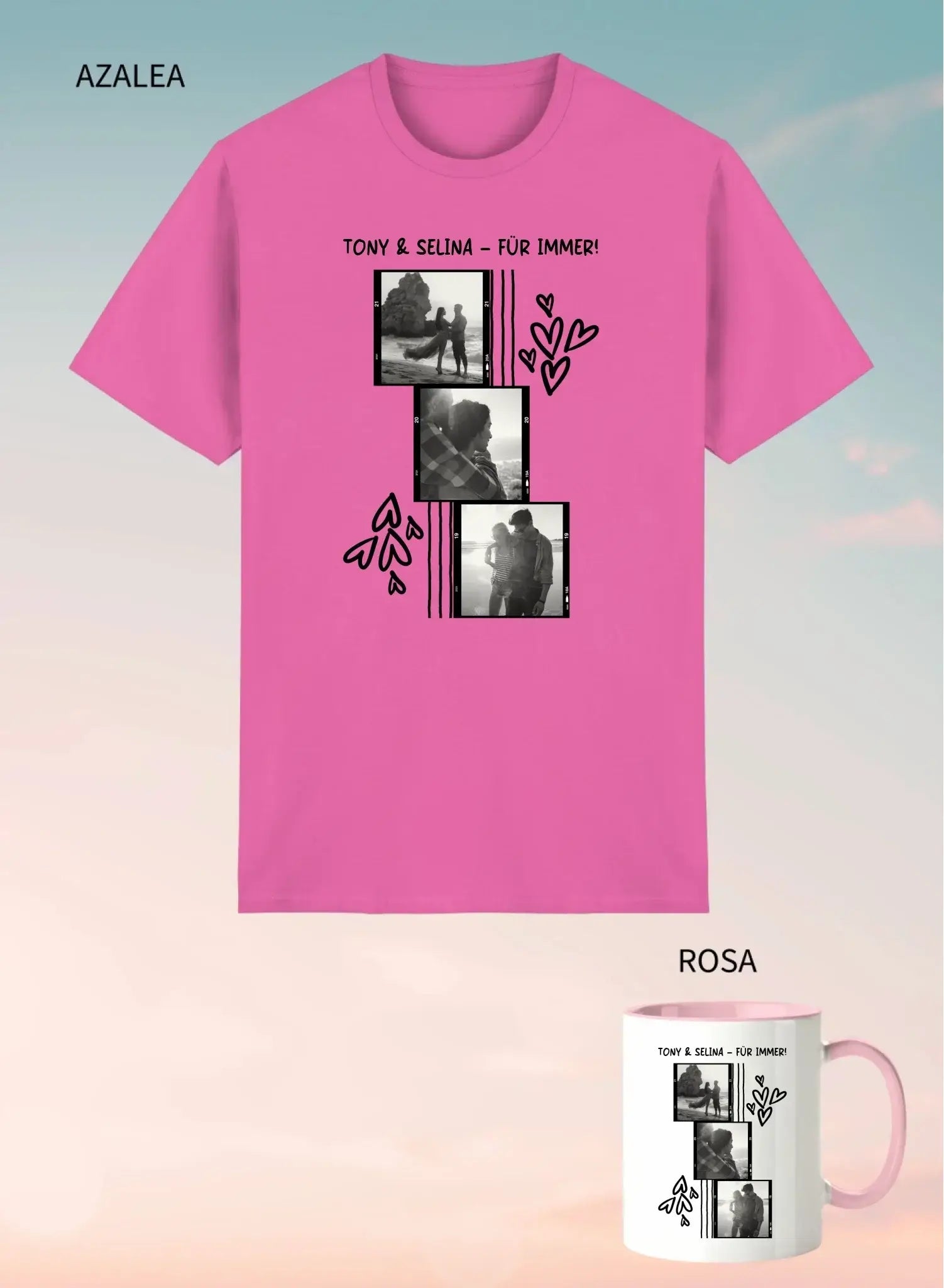 Leuchtendes pinkes unisex t-shirt mit kurzem arm und persönlichem fotocollage motiv tony und selina für immer