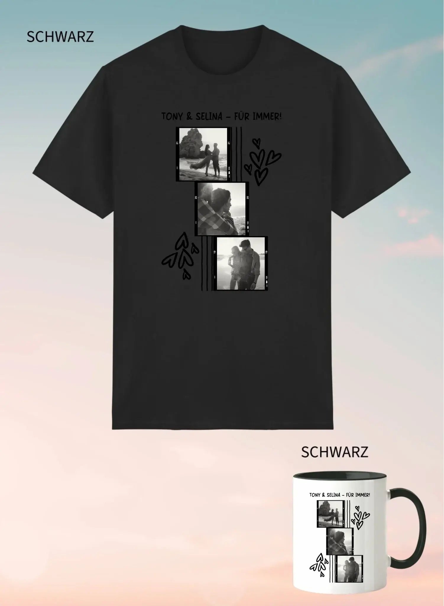 Schwarzes unisex kurzarm t shirt mit schwarz weiß fotocollage zweier personen und herzmotiven personalisierbar