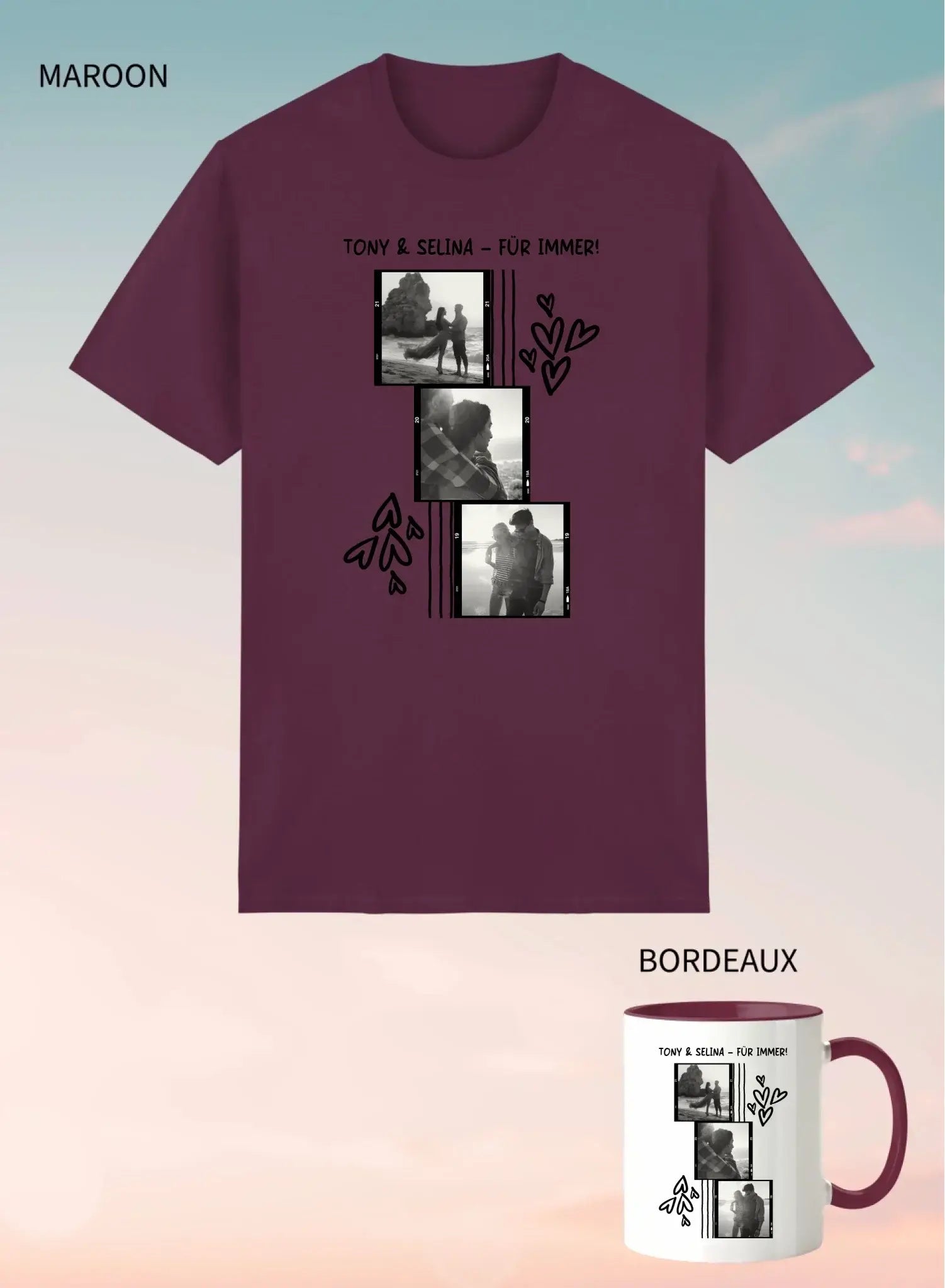 Maroon unisex t-shirt mit schwarzem weißen fotocollage print von zwei personen und text tony & selina für immer