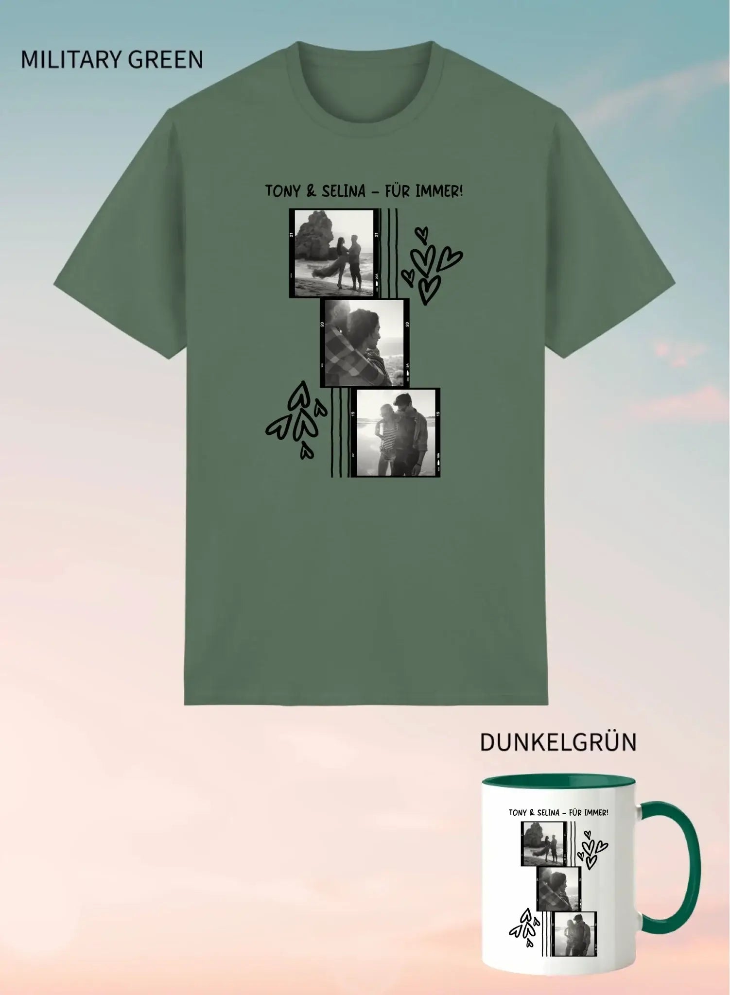 Militärgrünes unisex kurzarm t shirt mit schwarz weiß foto collage und herz und blatt motive personalisierbar