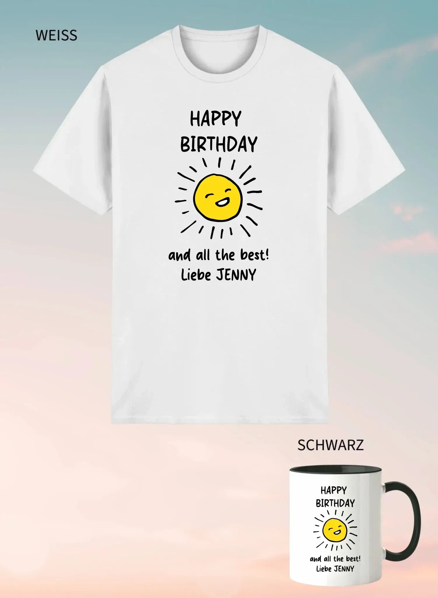 Weißes cotton unisex t-shirt mit fröhlicher gelber sonnengrafik und Text happy birthday und all best liebe jenny