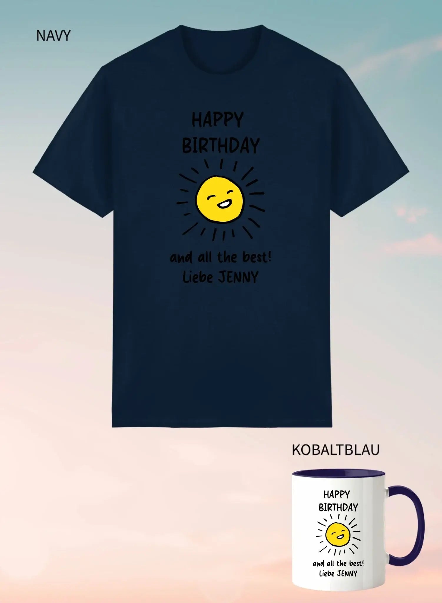 Marine blaues unisex t shirt mit kurzer arm, gelber fröhlicher sonne und Text happy birthday und all best liebe jenny