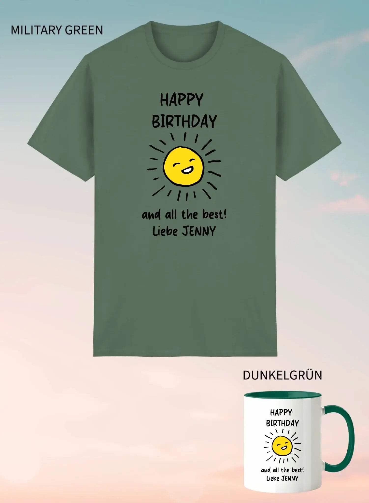 Militärgrünes unisex kurzarm t-shirt mit gelber sonne und text happy birthday und alles gute liebe jenny im 2er geschenkset