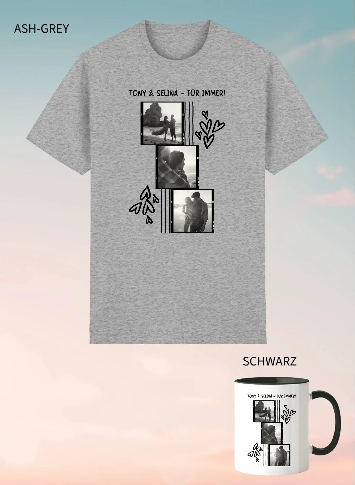 Ashgraues heathered unisex t-shirt aus baumwolle mit schwarz-weiß fotocollage und text tony & selina für immer