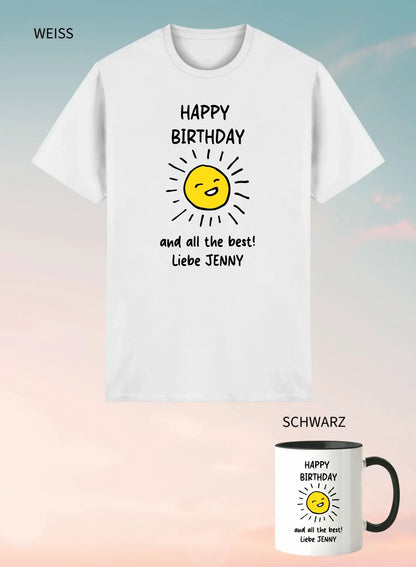 Weißes unisex baumwoll-t-shirt mit fröhlicher gelber sonnengrafik und text happy birthday und alles gute liebe jenny