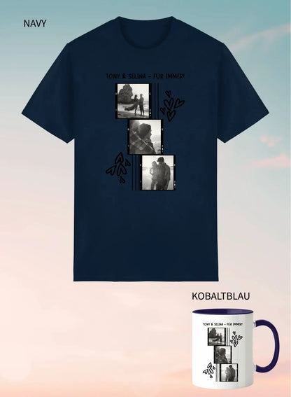 Marine blaues unisex kurzarm t shirt mit schwarz weiß fotocollage und herzen blumen im personalisierbaren 2er geschenkset
