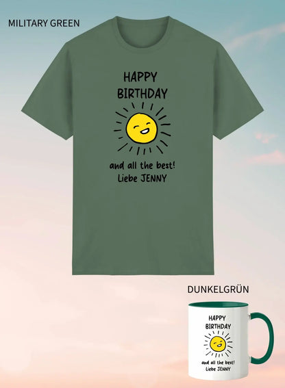Militärgrünes unisex kurzarm-shirt mit fröhlicher gelber sonne und text happy birthday und alles gute liebe jenny