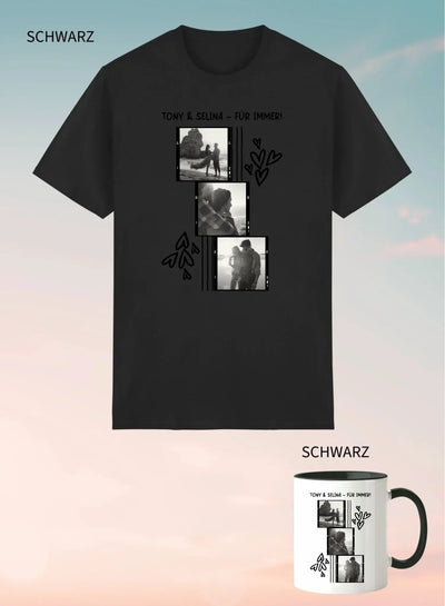 Schwarzes unisex kurzarm t-shirt mit personalisierbarem fotocollage design und herzmotiven im 2er geschenkset