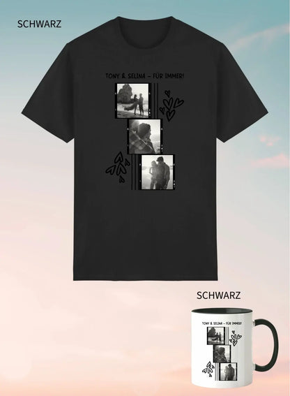Schwarzes unisex kurzarm t-shirt mit personalisierbarem fotocollage design und herzmotiven im 2er geschenkset