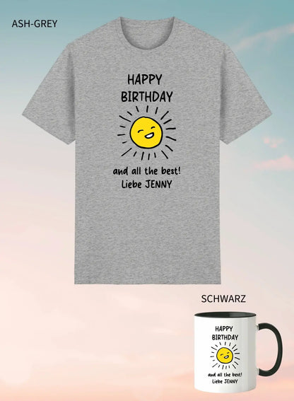 Ash-graues unisex t-shirt mit fröhlicher gelber sonne und Text happy birthday und all best liebe jenny im 2er geschenkset