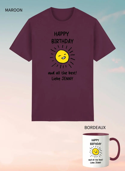 Unisex maroon t-shirt mit fröhlicher gelber sonnengrafik und schwarzem happy birthday liebe jenny schriftzug