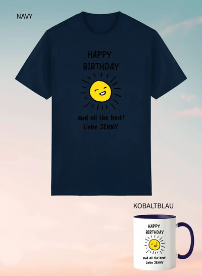 Marine blaues unisex kurzarmshirt mit gelber sonnengrafik und text happy birthday und alles gute liebe jenny im 2er geschenkset