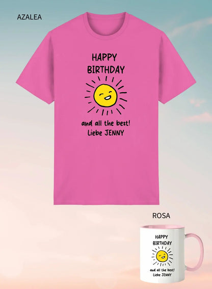 Rosa unisex t-shirt mit gelber sonnengrafik und schwarzem happy birthday text im personalisierbaren 2er geschenkset