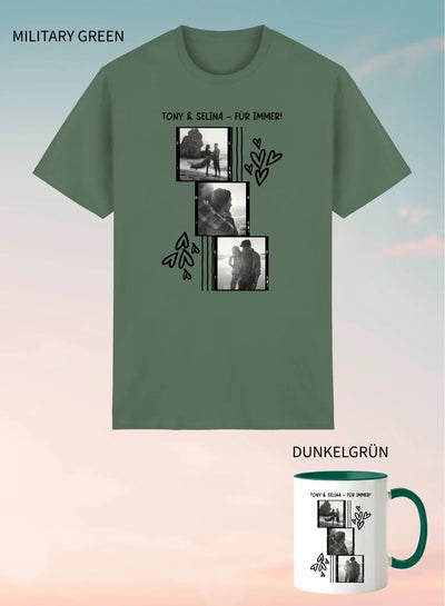 Militärgrünes unisex kurzarmshirt mit schwarz-weiß fotocollage und herz- und blattmotiven im 2er geschenkset