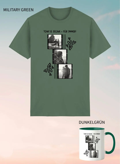 Militärgrünes unisex kurzarmshirt mit schwarz-weiß fotocollage und herz- und blattmotiven im 2er geschenkset