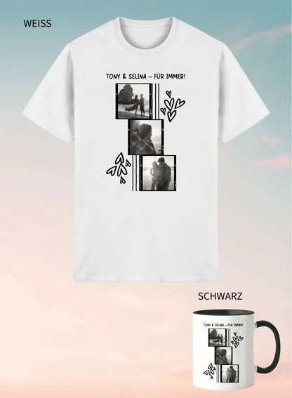 Weißes unisex baumwoll t shirt mit schwarz weißer foto collage und text tony & selina für immer personalisierbar