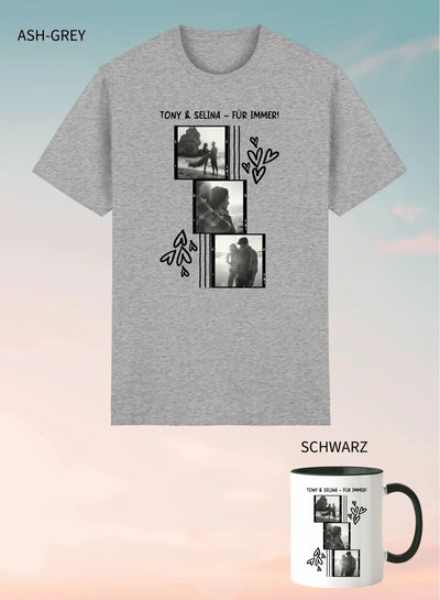 Ashgraues heathered baumwoll unisex t shirt mit schwarz weiß fotocollage und text tony & selina für immer