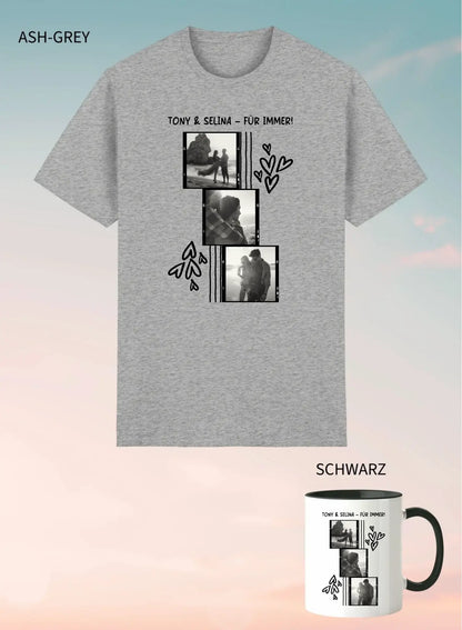 Ashgraues heathered baumwoll unisex t shirt mit schwarz weiß fotocollage und text tony & selina für immer