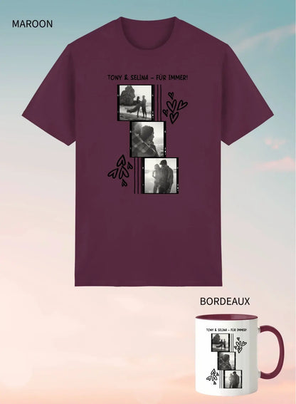 Maroon unisex t-shirt mit schwarz-weißer foto-collage zweier personen und tonyselina für immer text gestaltet