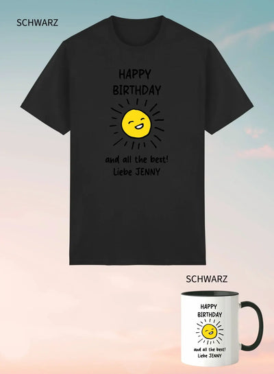 Schwarzes unisex kurzarm t shirt mit fröhlicher gelber sonne und happy birthday text personalisierbar