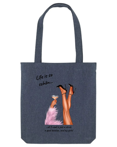 Dark blue denim tote bag with Grafik legs in high heels holding cocktail and text life is so schön aus der statement collection