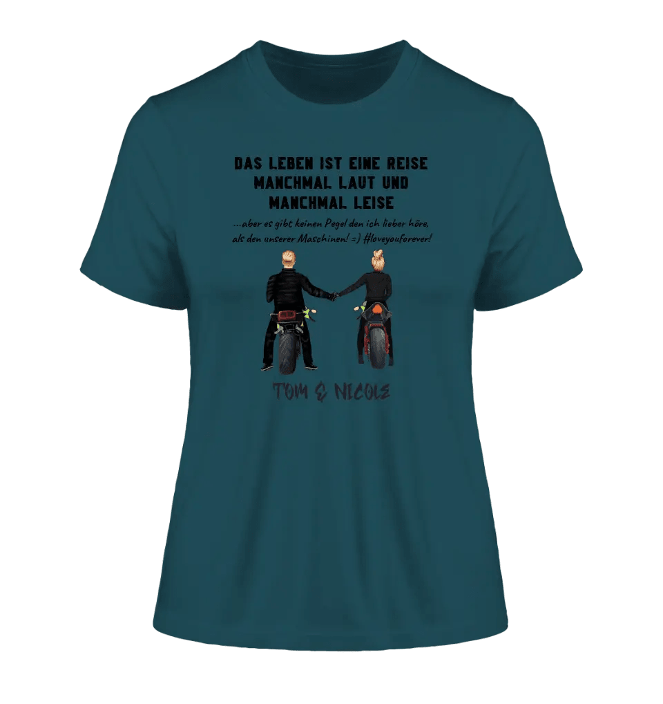 2in1: Motorrad Couple (personalisierbar) - Ladies Premium T - Shirt XS - 2XL aus Bio - Baumwolle für Damen - HalloGeschenk.de #geschenkideen# #personalisiert# #geschenk#